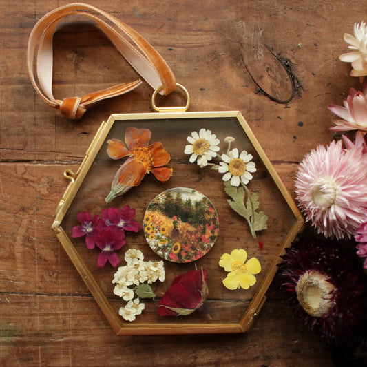 Hexagon pressed flower frame with Autumn Views and Foraging art print